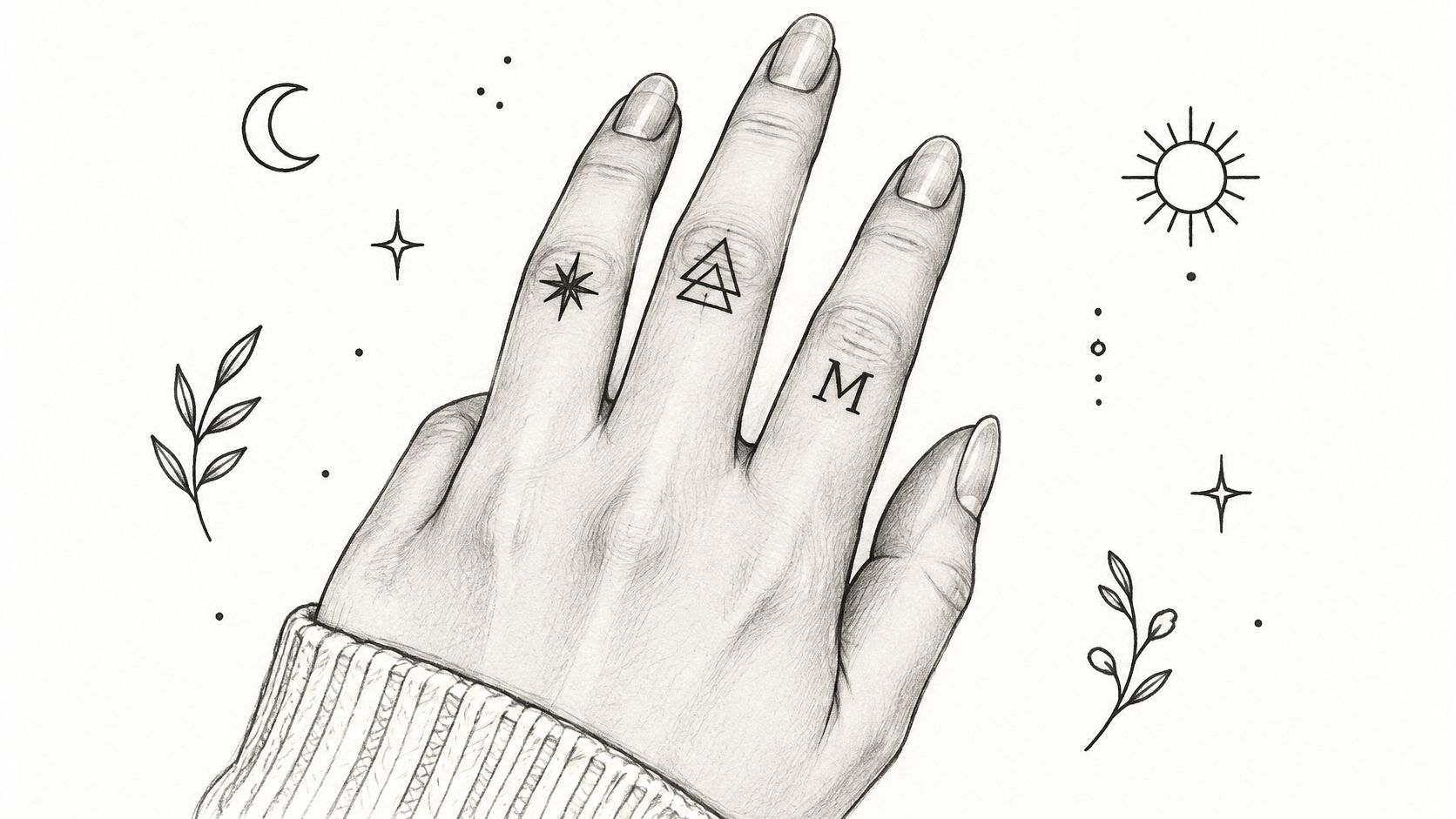 A pencil sketch of a hand with minimalist celestial finger tattoos including stars, triangles, and an initial.