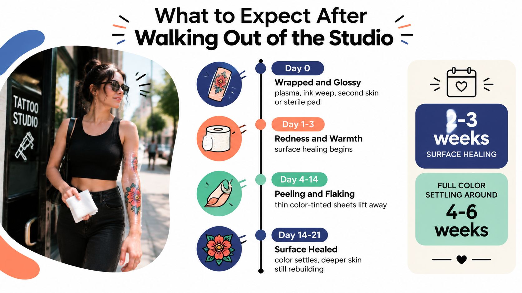 A visual guide outlining the healing stages of a new color tattoo from day zero to six weeks.