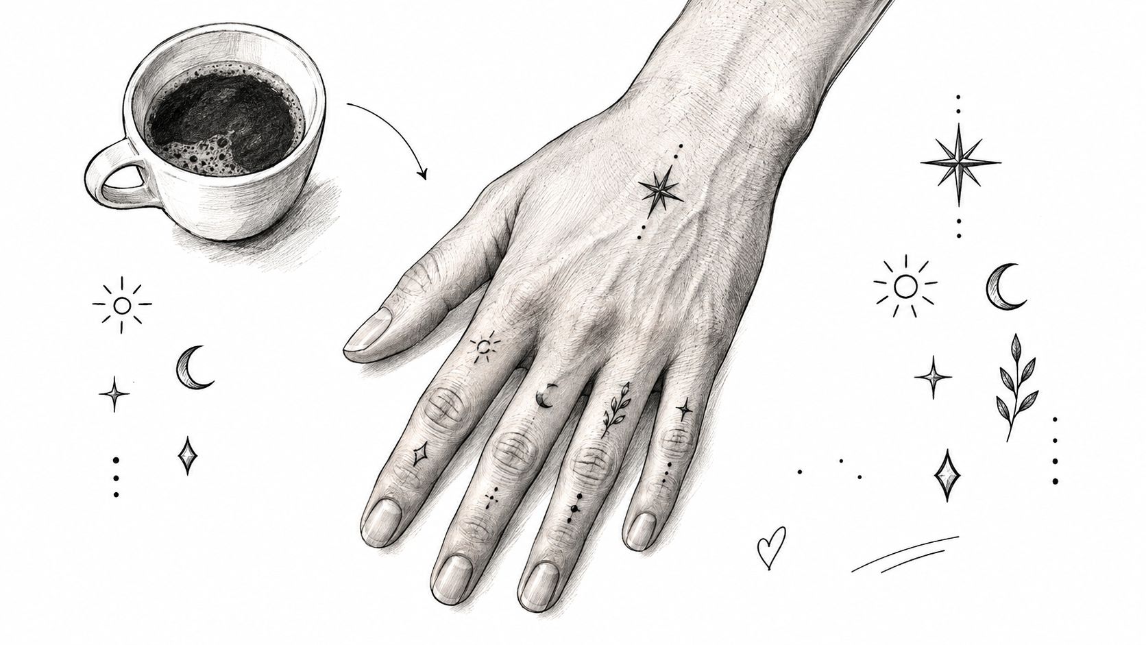 A hand sketch featuring various small, delicate hand tattoos with stars, moons, and botanical elements.