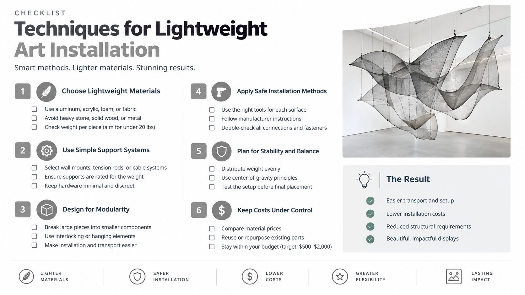 A checklist infographic detailing six essential techniques for creating and installing lightweight art displays in galleries.