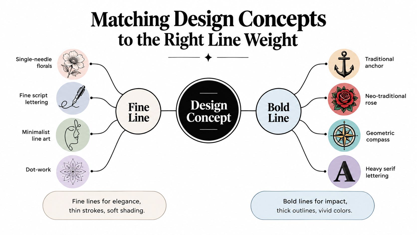 A diagram comparing fine line and bold line tattoo design concepts with examples of different styles.