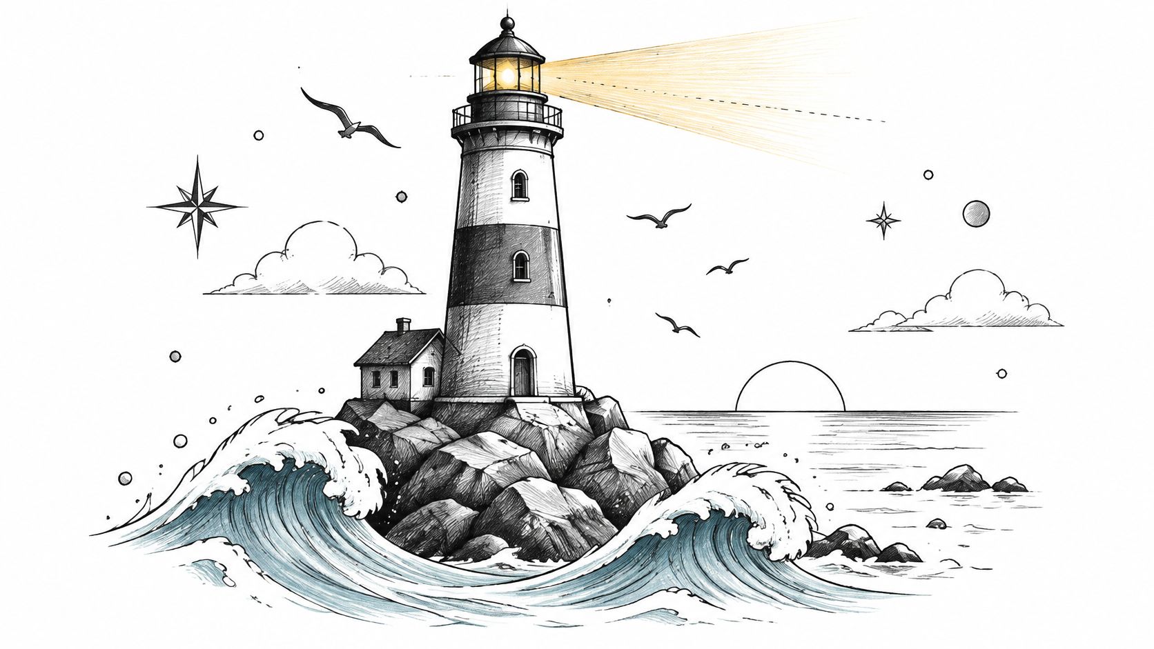 A detailed line art illustration of a lighthouse on rocky terrain with crashing waves and seagulls.