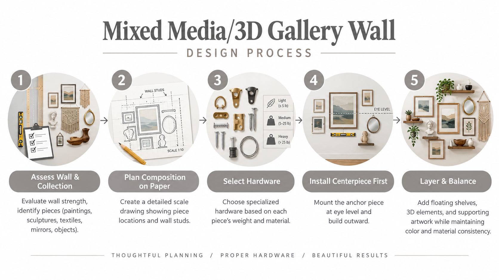 An infographic showing the five-step process for designing and installing a mixed media 3D gallery wall.