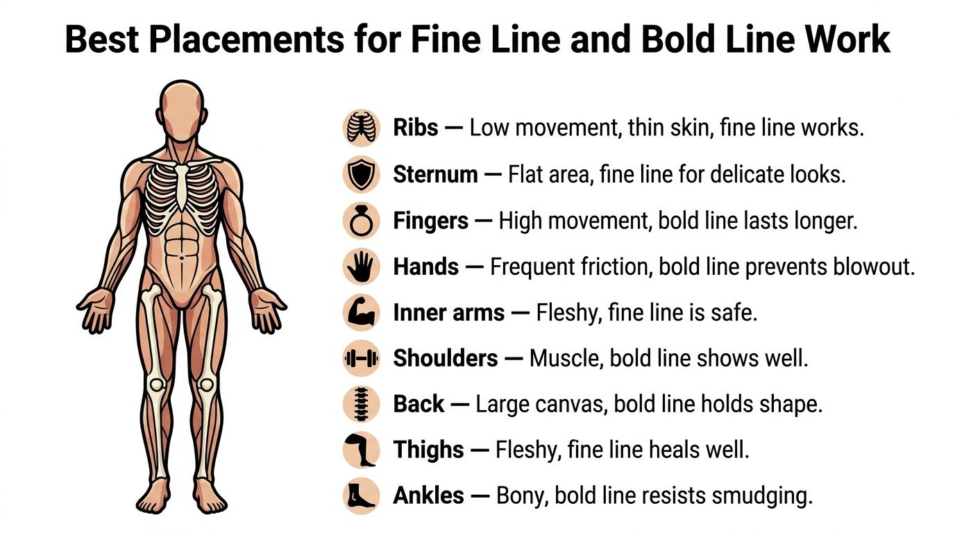 An infographic showing optimal body placements for fine line and bold line tattoo styles with descriptions.