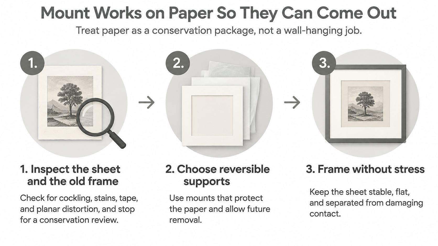 A three-step infographic showing how to professionally mount and preserve paper artworks in a custom frame.
