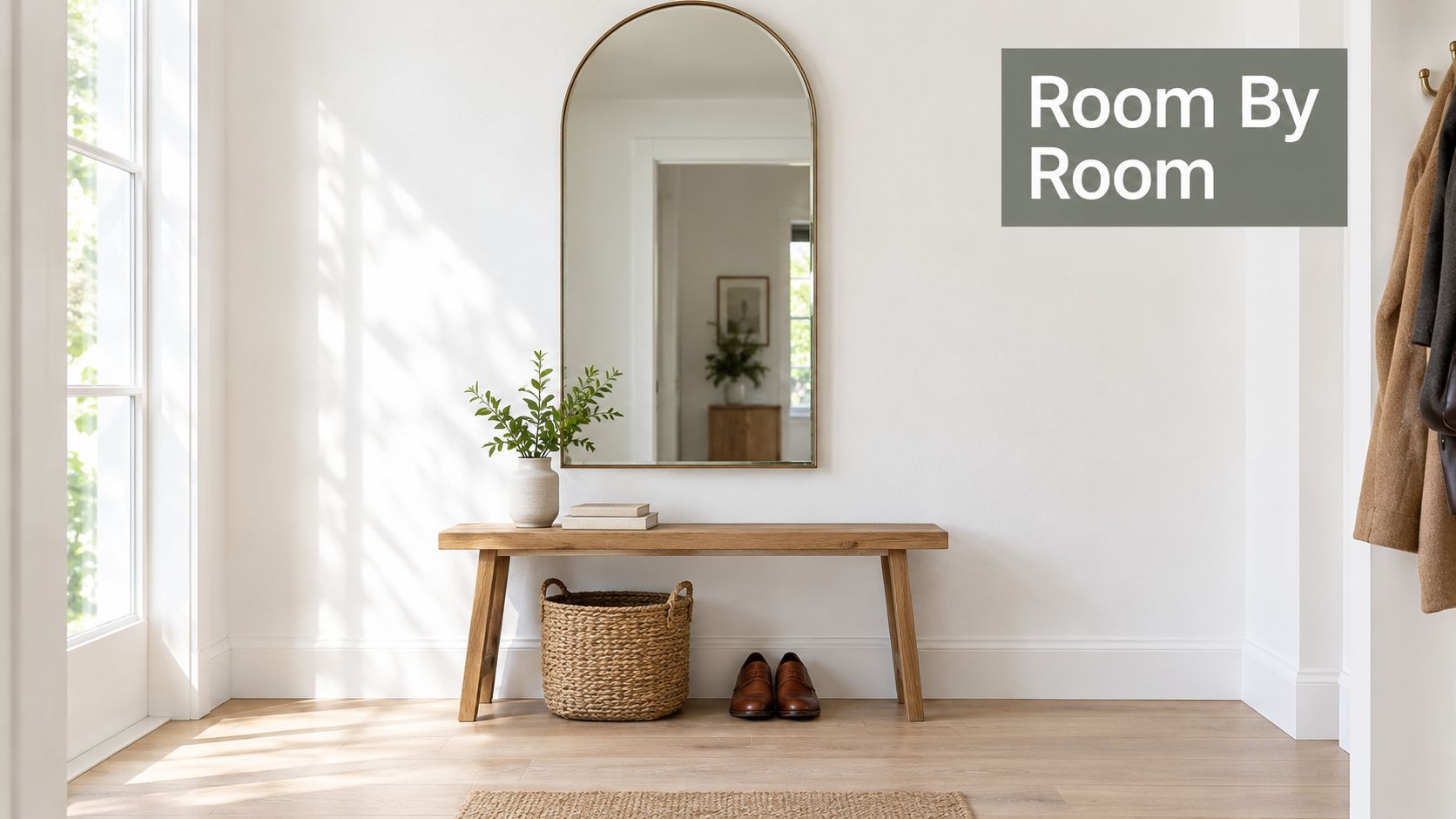 A minimalist entryway featuring an arched mirror above a wooden bench with a basket and shoes.