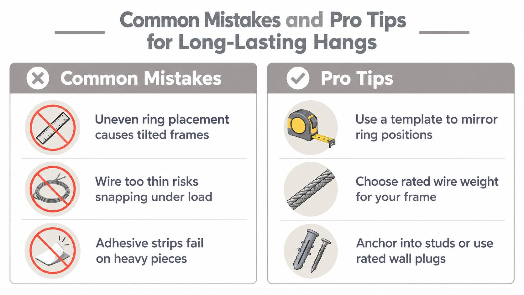 An infographic showing common mistakes and pro tips for securely hanging pictures, frames, and wall art.