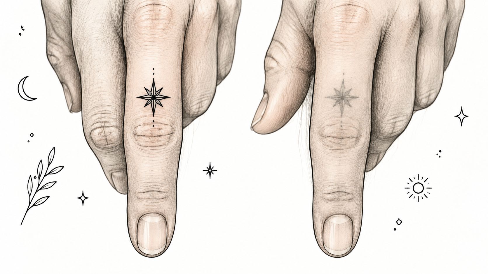 A close-up pencil sketch illustration of two fingers with delicate north star line art tattoos.