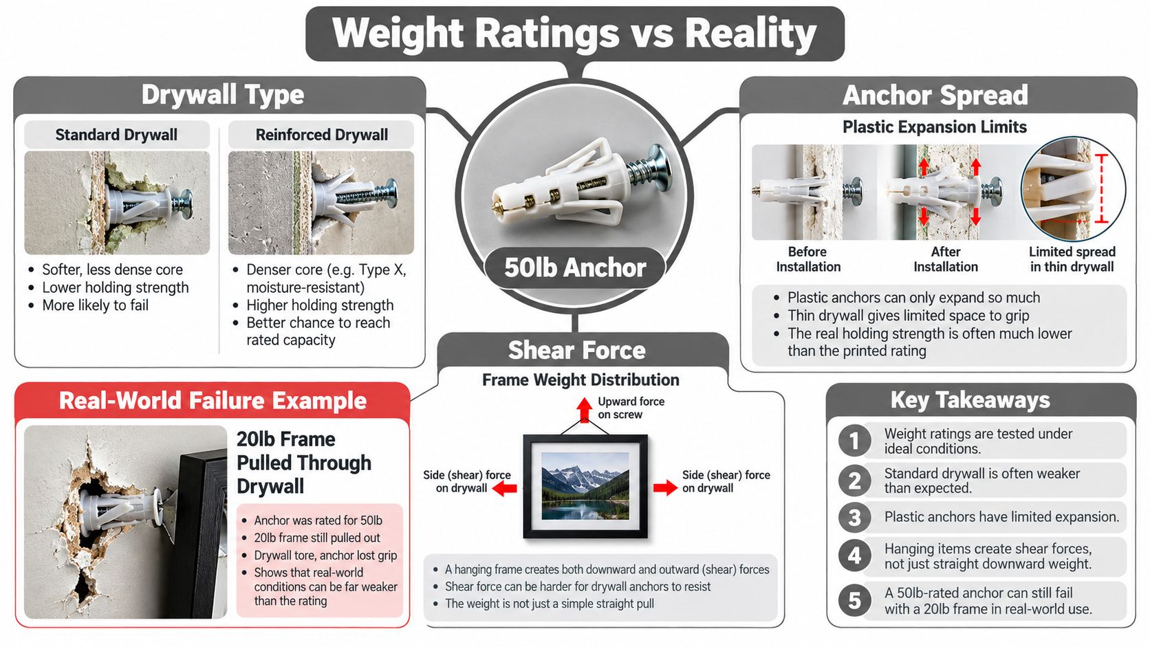 An infographic showing how wall anchor weight ratings differ from real-world performance on different drywall types.
