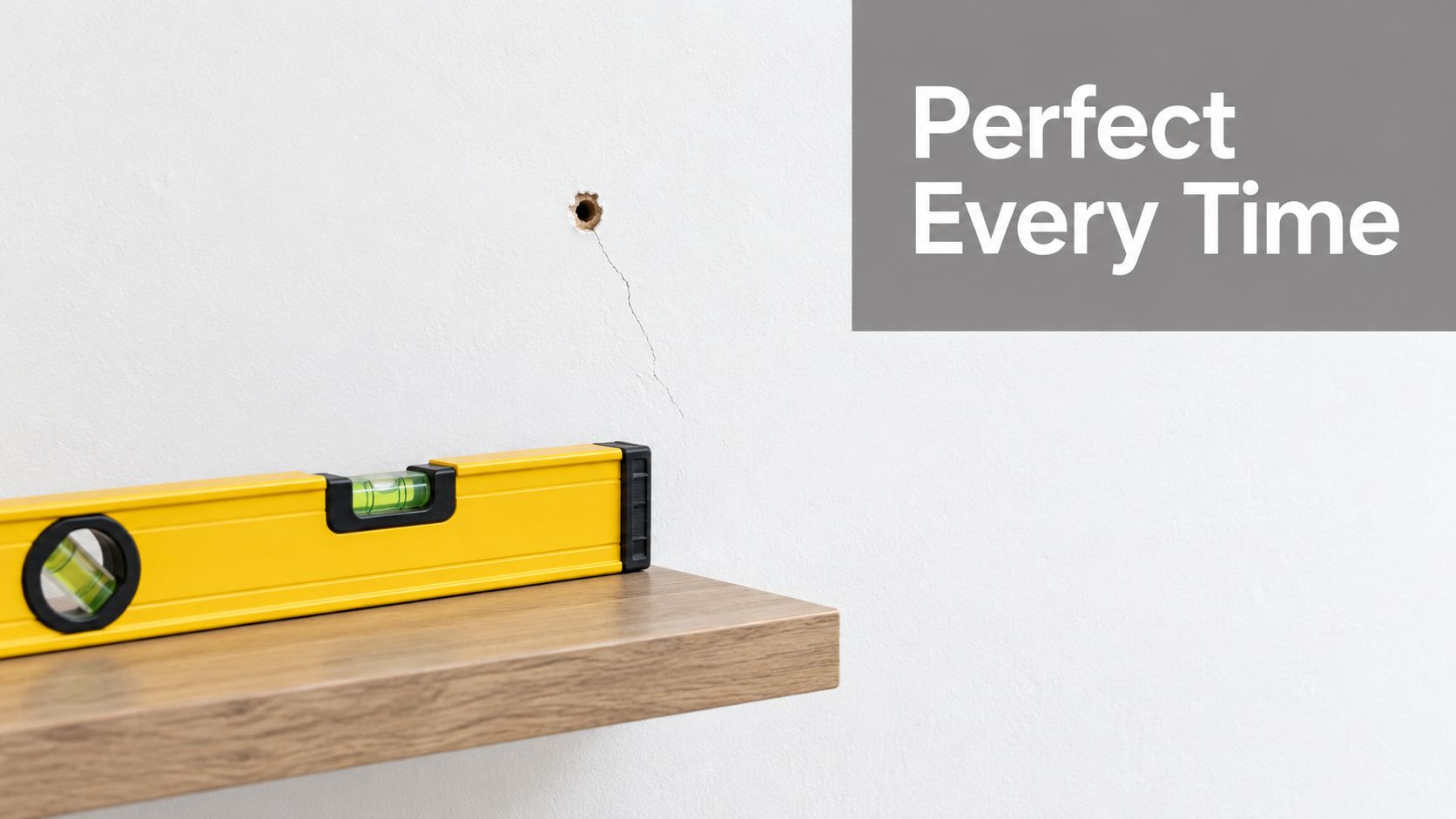 A yellow spirit level resting on a wooden shelf mounted to a white wall with cracks.