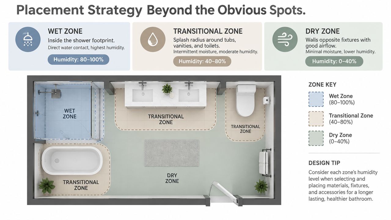 A diagram illustrating bathroom layout zoning for humidity, categorizing areas into wet, transitional, and dry zones.