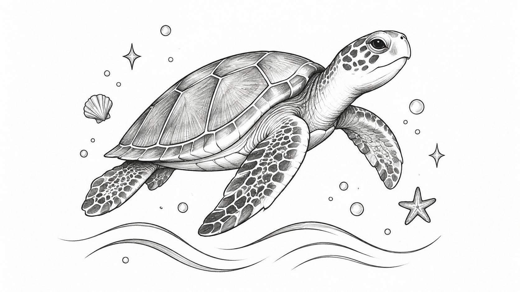 A beautiful black and white line art illustration of a sea turtle swimming underwater with ocean elements.