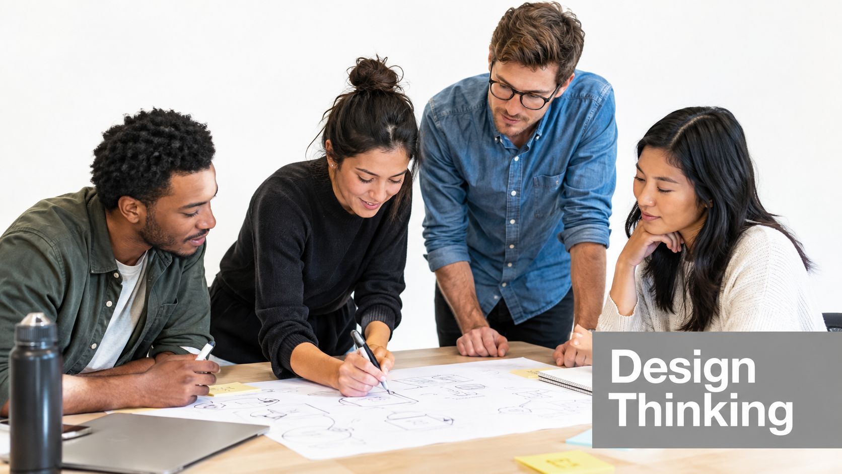 A diverse group of four professionals collaborating on sketches and ideas during a creative design thinking session.