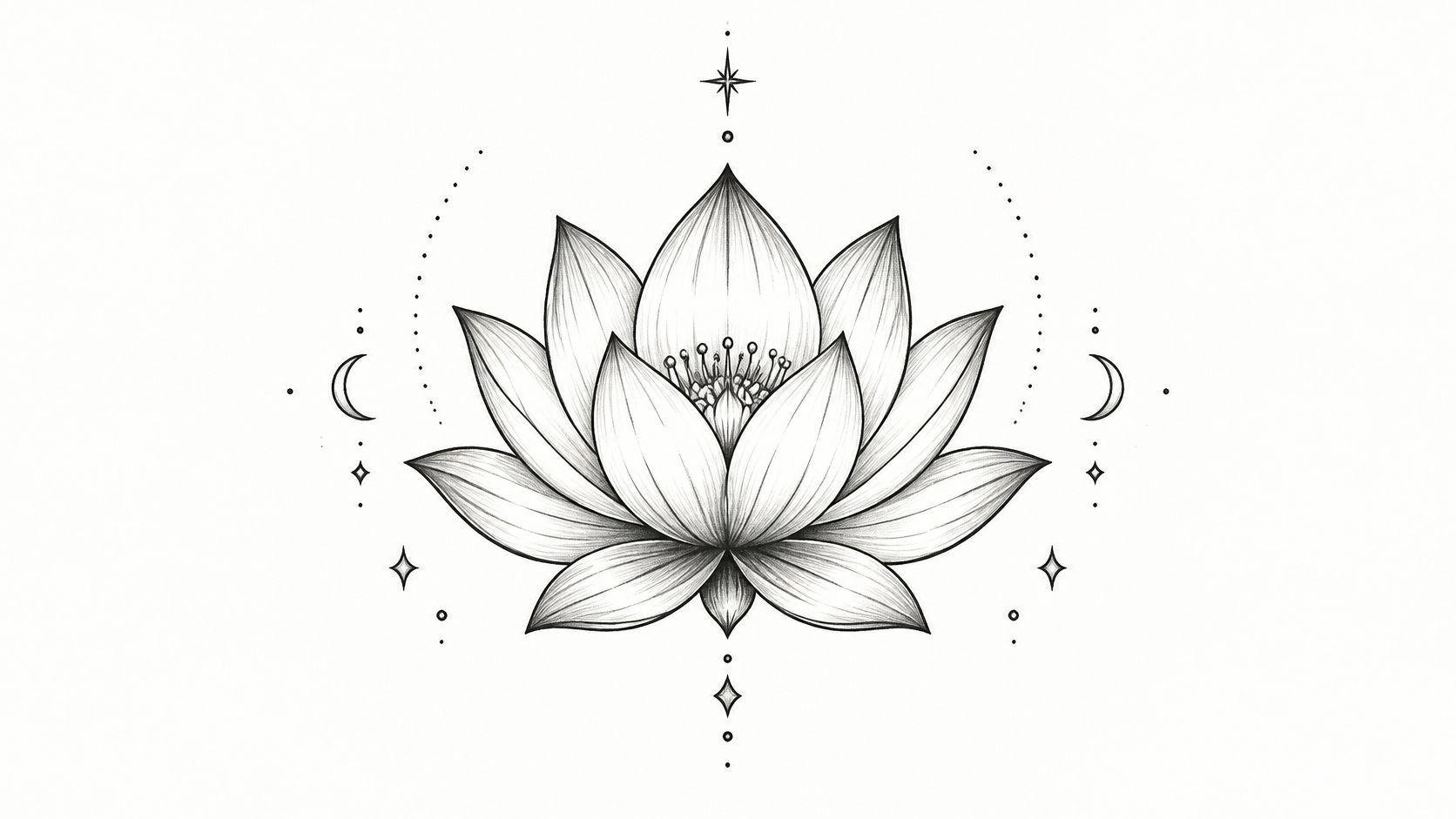 A delicate, black and white sketch of a lotus flower surrounded by celestial symbols like moons.