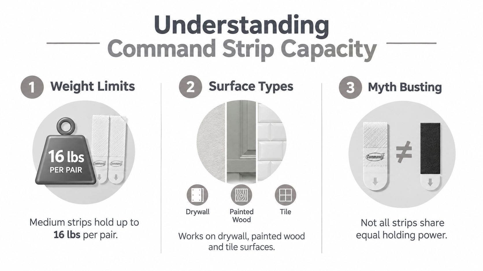 An infographic titled Understanding Command Strip Capacity detailing weight limits, suitable surface types, and correcting common product misconceptions.