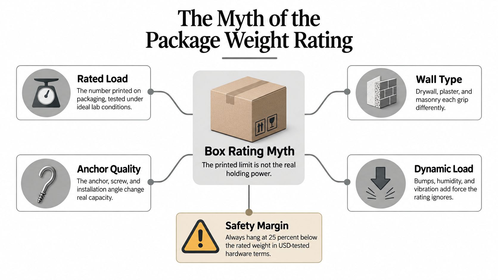 An infographic titled The Myth of the Package Weight Rating, explaining factors that impact hanging capacity.
