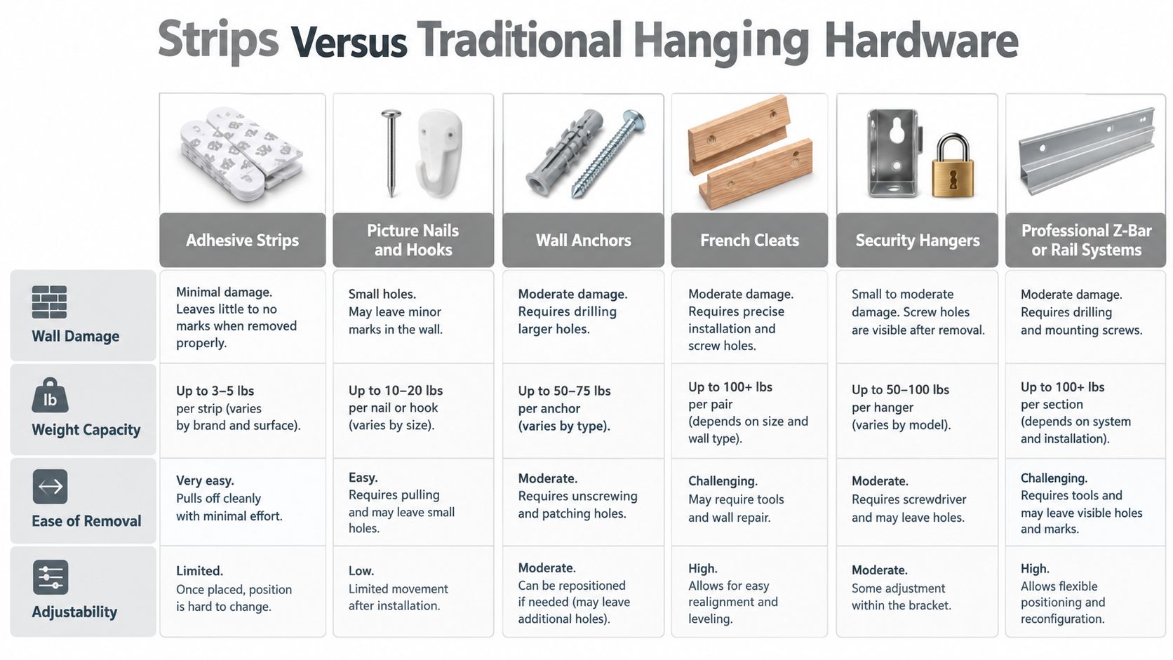 A comparison chart showing various picture hanging hardware types, their wall damage, weight capacity, removal, and adjustability.