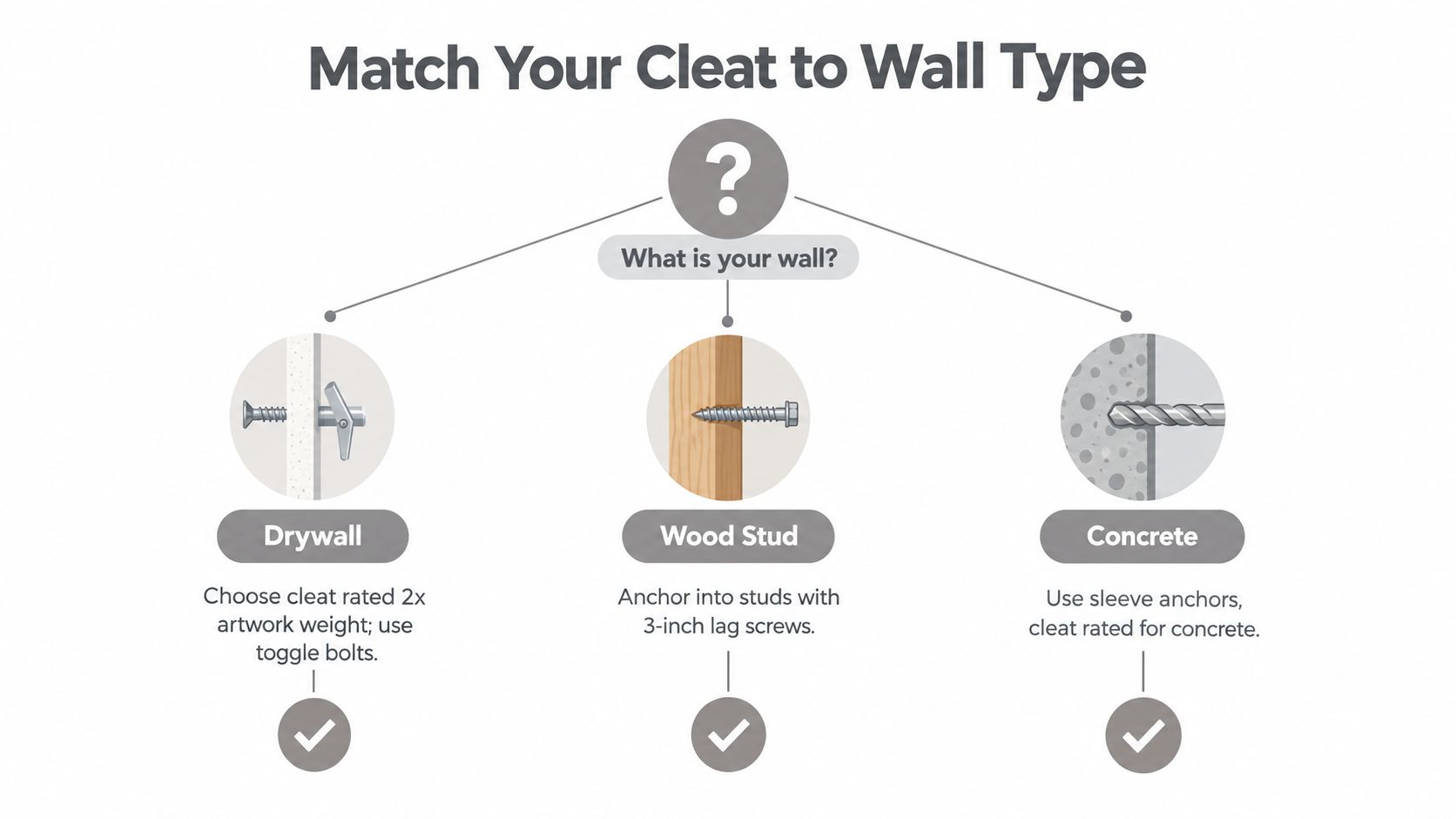 A helpful infographic guide explaining which hardware to use when mounting a cleat to different wall types.