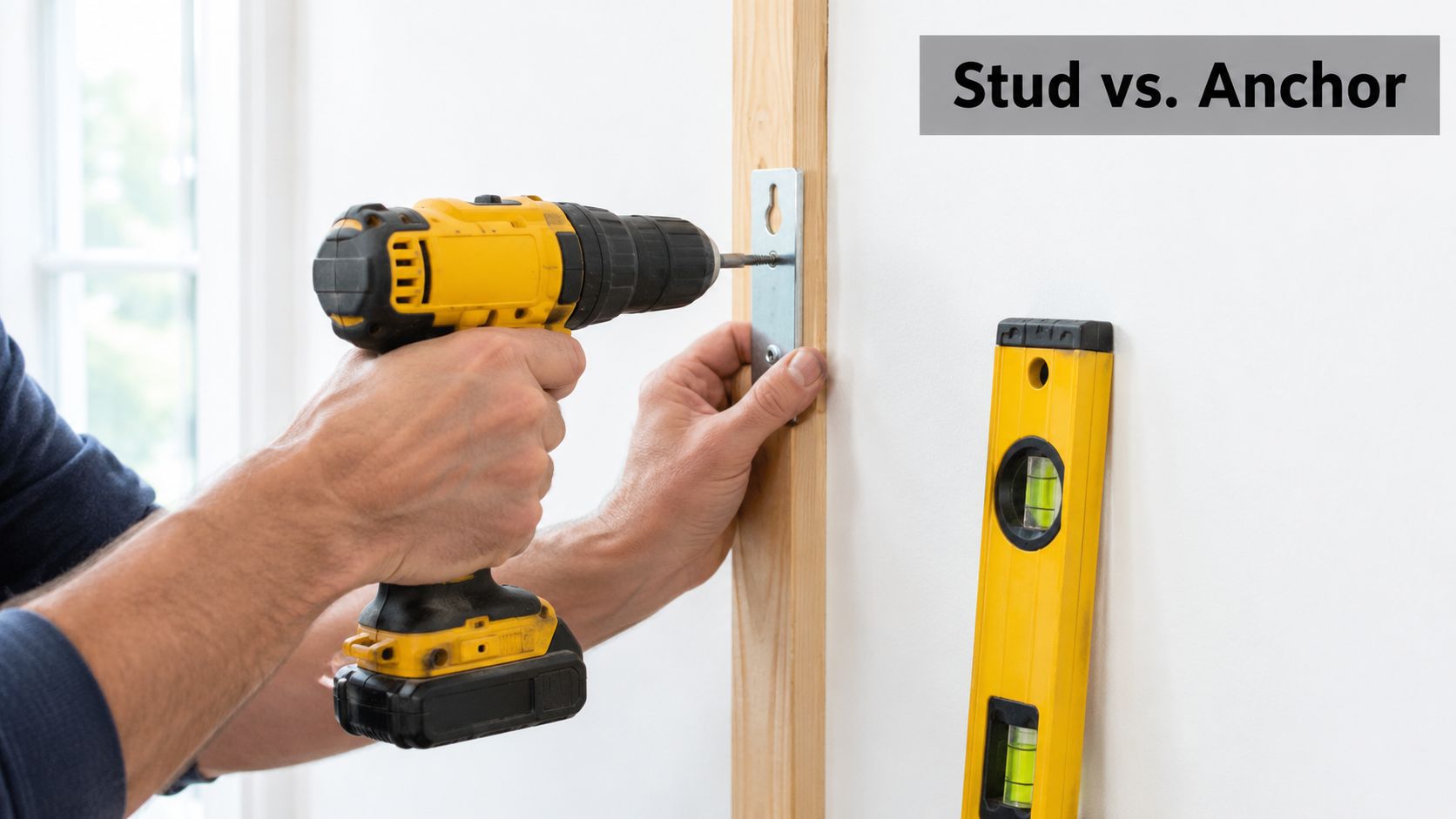 A person using a power drill to install a metal picture hanging plate into a wall stud.
