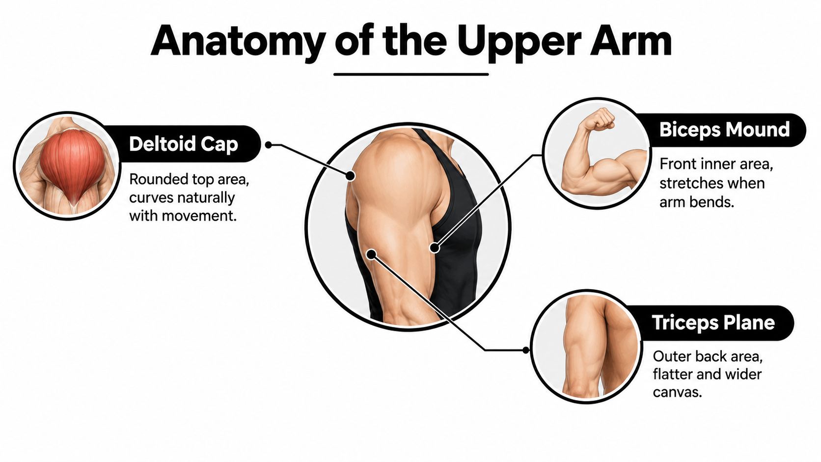 A diagram labeled Anatomy of the Upper Arm showing the deltoid, biceps, and triceps muscle groups.