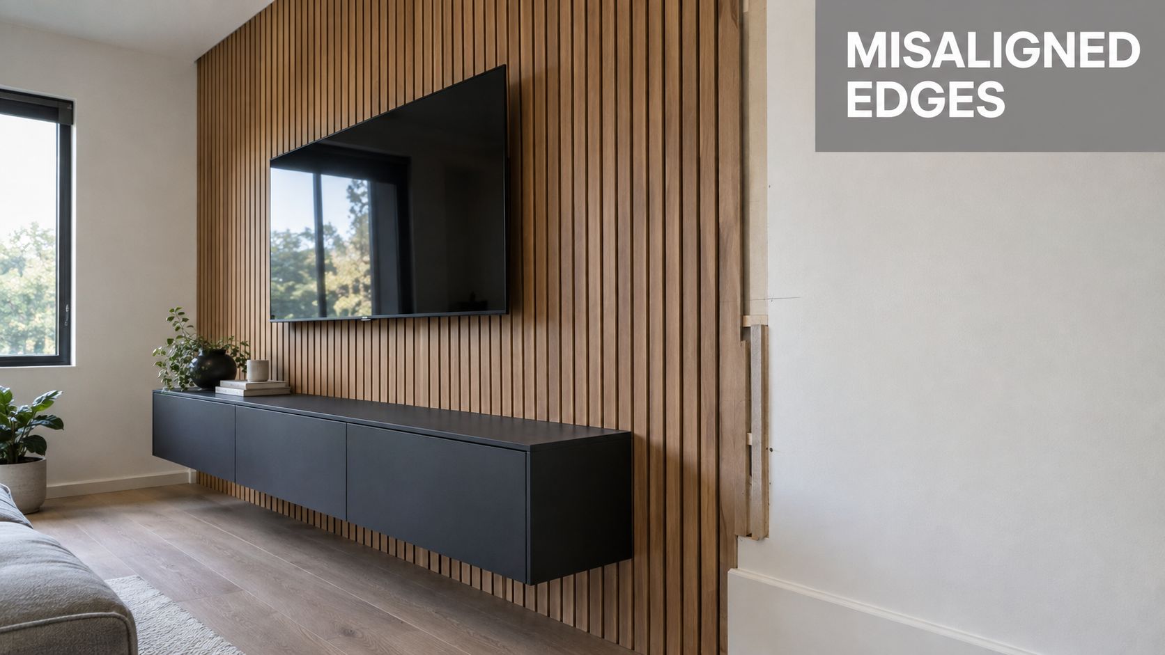 An unfinished wooden slat accent wall installation showing visible exposed frame edges next to a white wall.