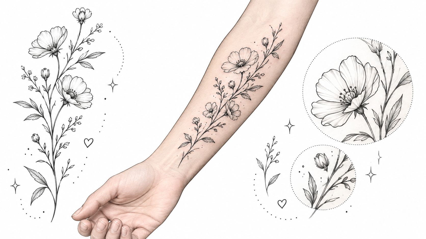 A minimalist botanical flower tattoo design displayed as a sketch, on a forearm, and in circular close-ups.