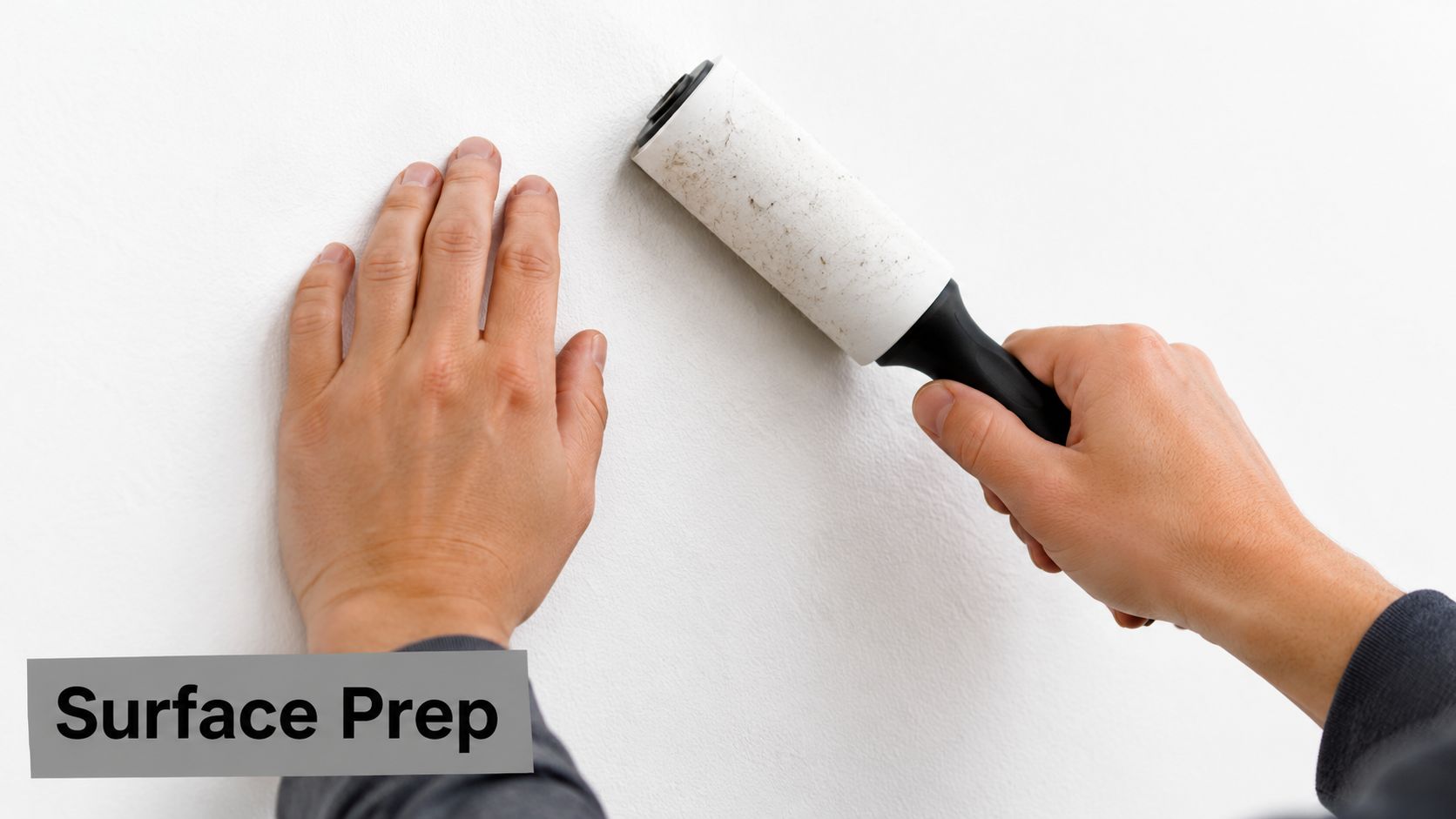 A person uses a lint roller to clean a smooth white wall before hanging pictures.