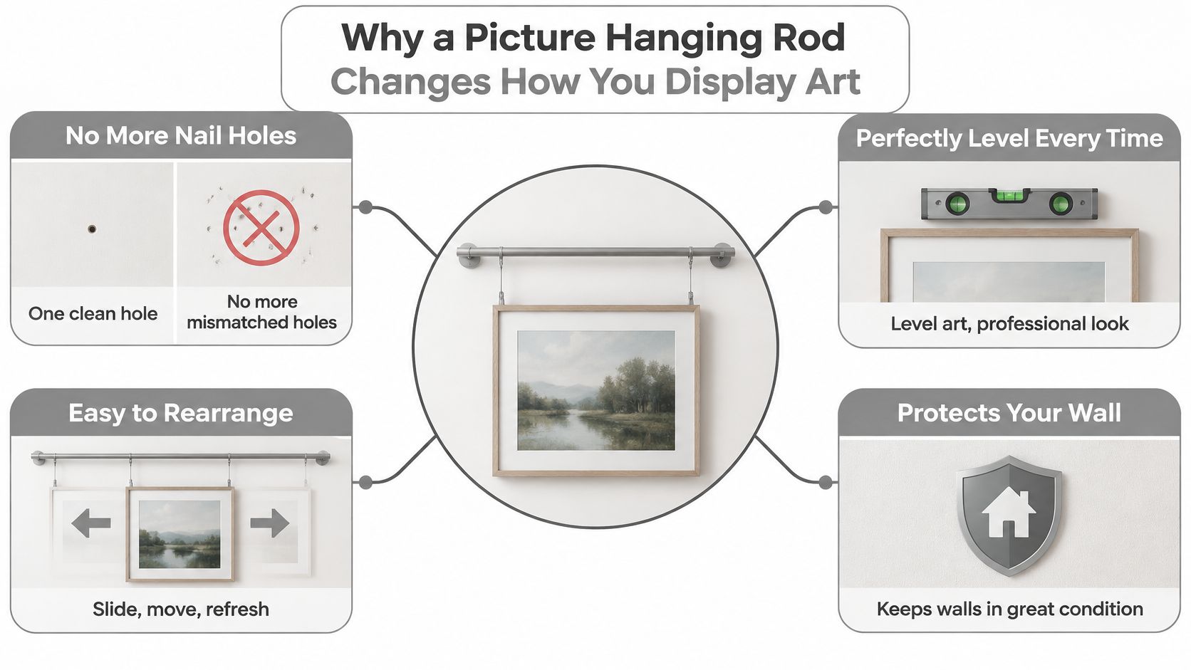 A diagram illustrating the benefits of using a wall-mounted picture hanging rod for displaying art prints.