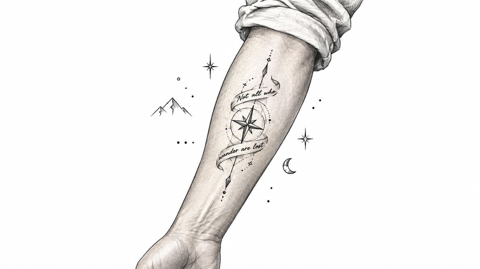 A detailed forearm tattoo design featuring a compass, mountains, stars, and the quote Not all who wander are lost.