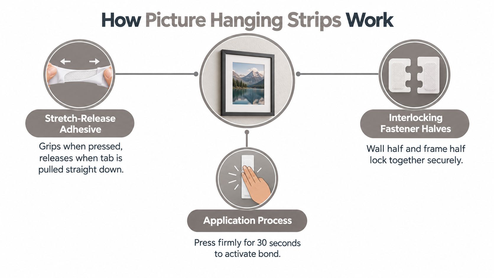 An infographic showing how picture hanging strips work using adhesive release and interlocking fastener technology.