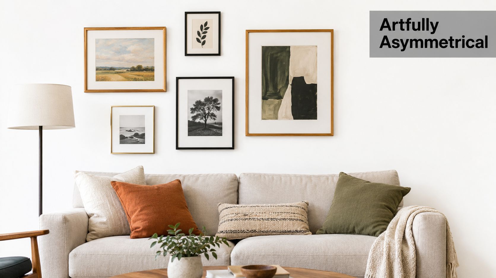 A modern neutral living room featuring a cozy sofa with colorful pillows beneath a gallery wall arrangement.