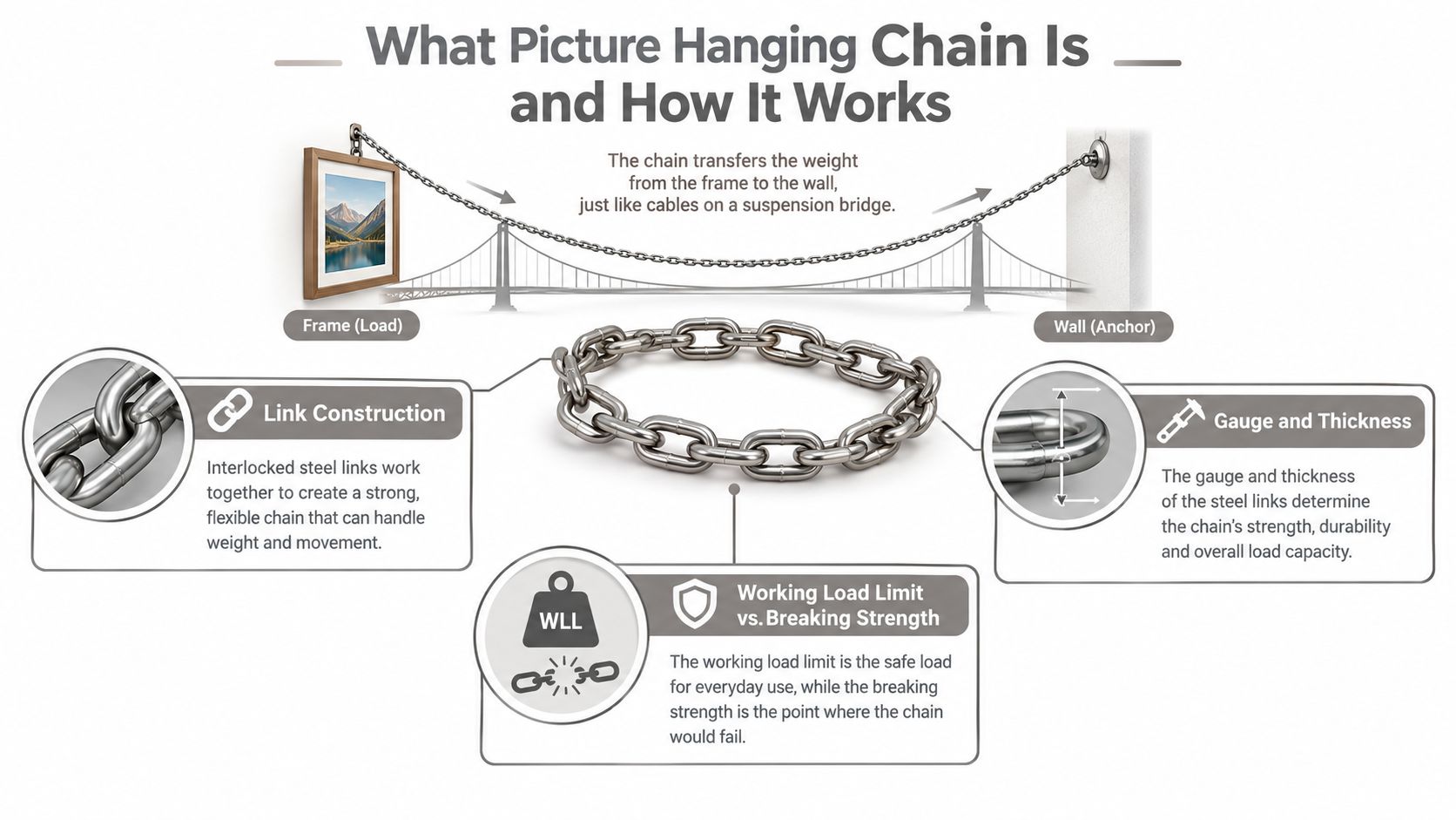 An infographic explaining how picture hanging chains function with details on construction, gauge, and weight limits.