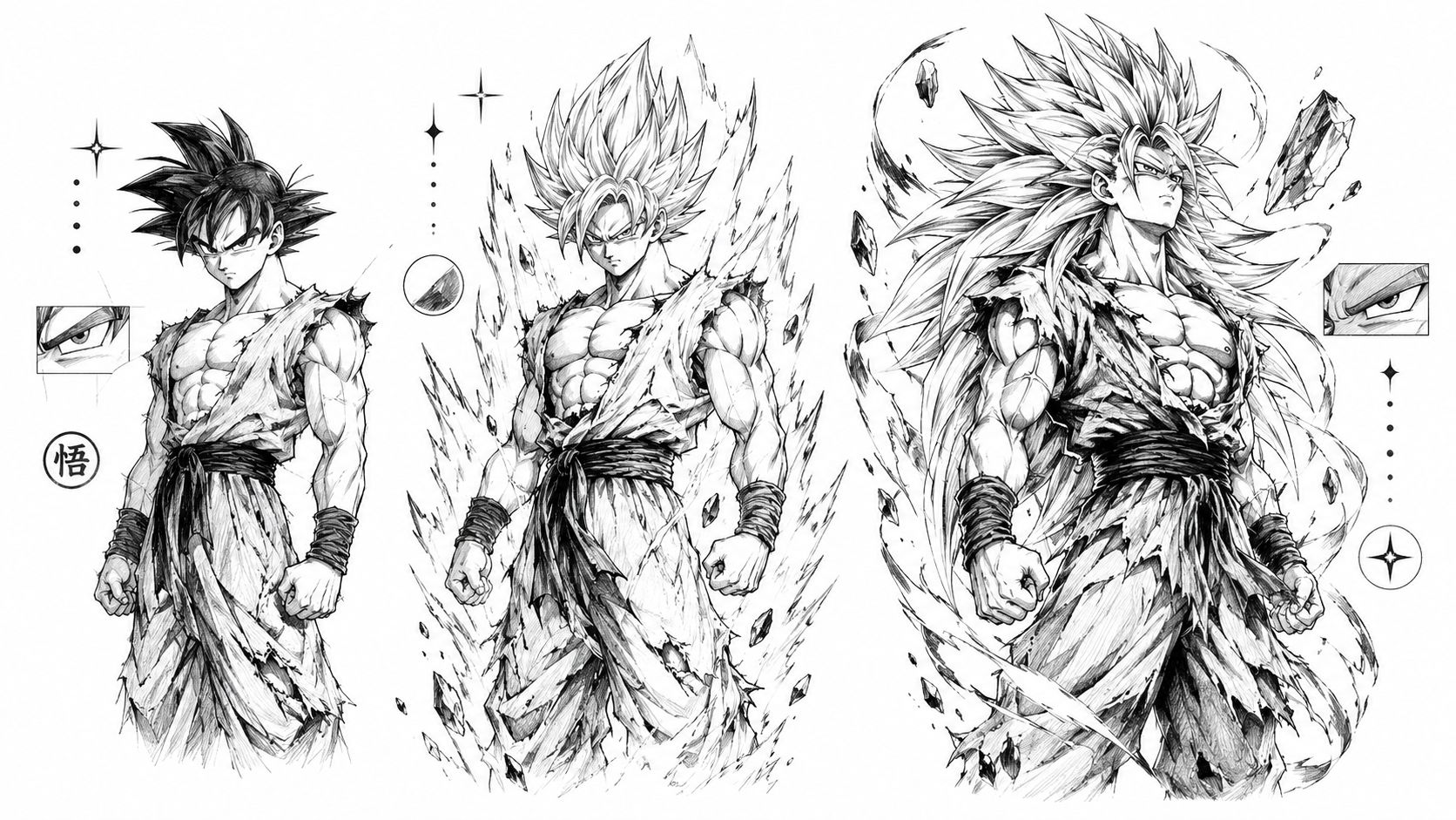 A detailed black and white sketch showing Goku in three different Super Saiyan transformation stages.