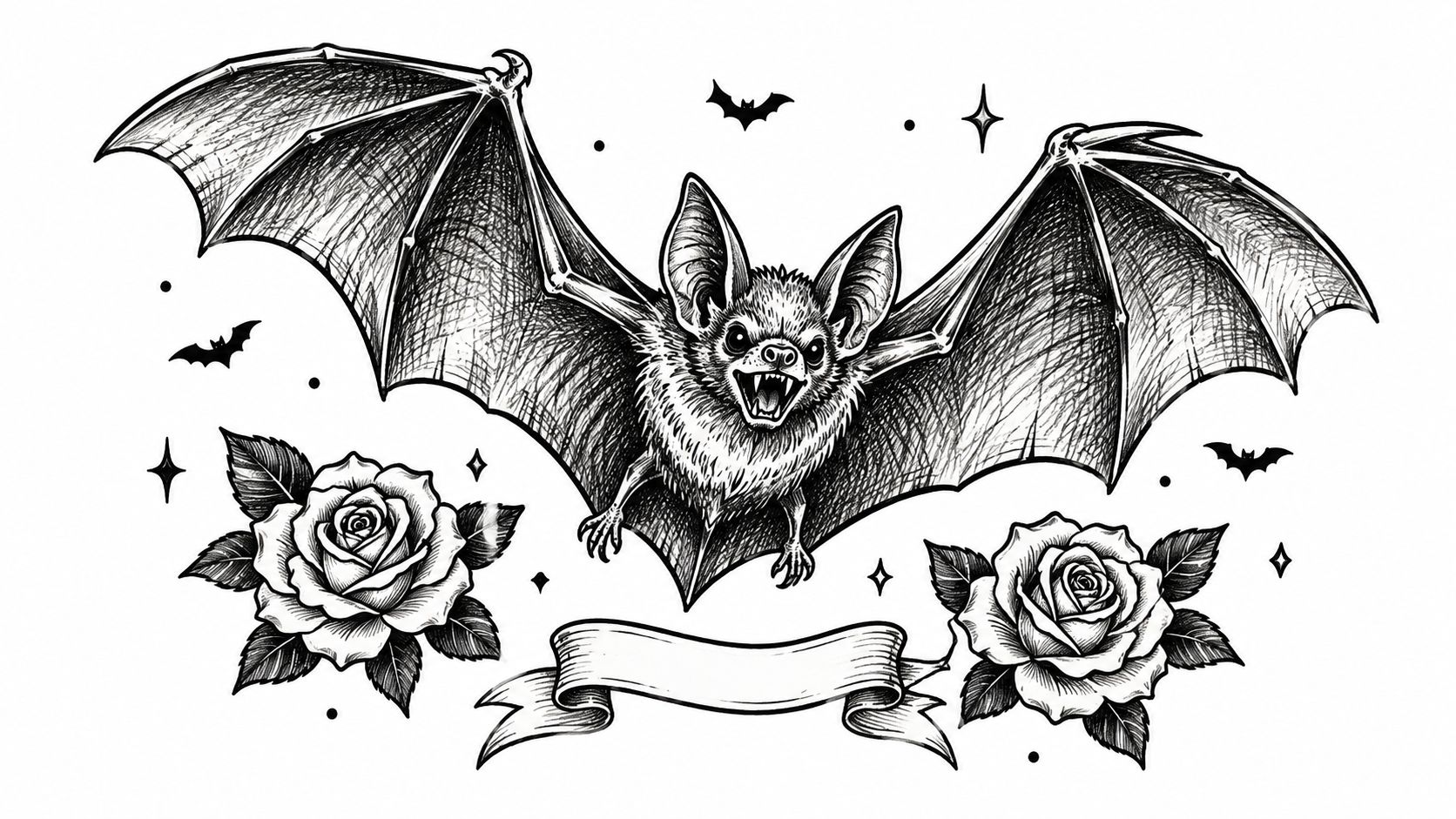 A detailed black and white tattoo design featuring a central bat, two roses, and a decorative banner.