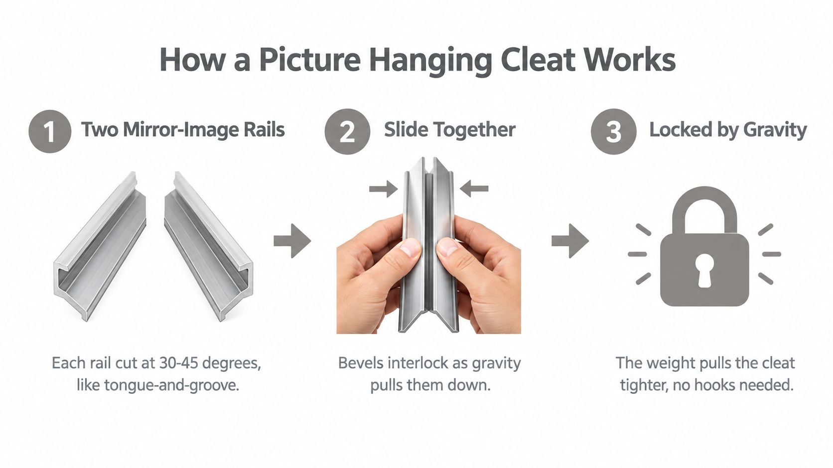 A three-step diagram showing how a metal picture hanging cleat works to secure frames to walls.