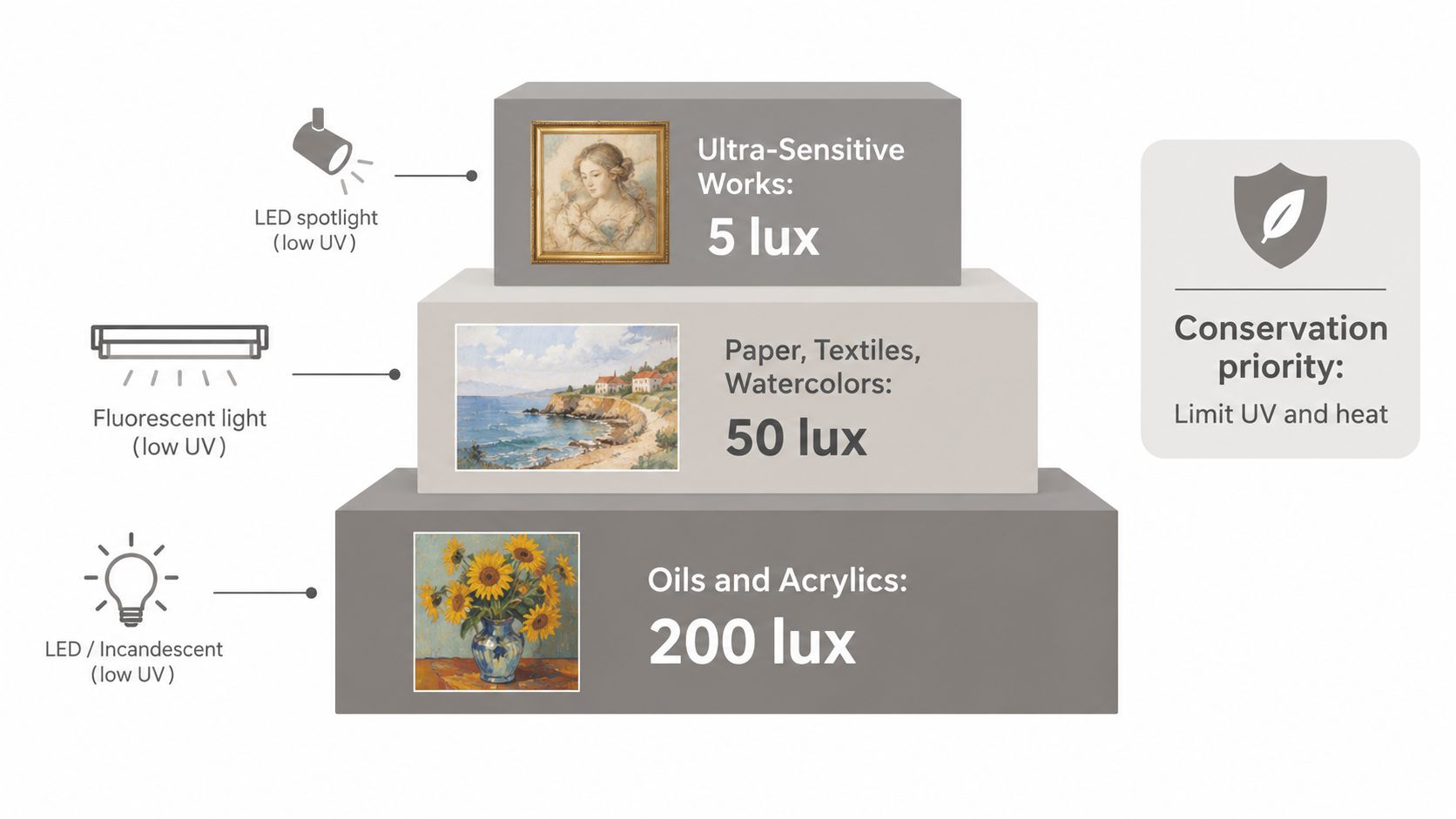 A diagram illustrating recommended light levels in lux for preserving different types of sensitive art displayed in galleries.