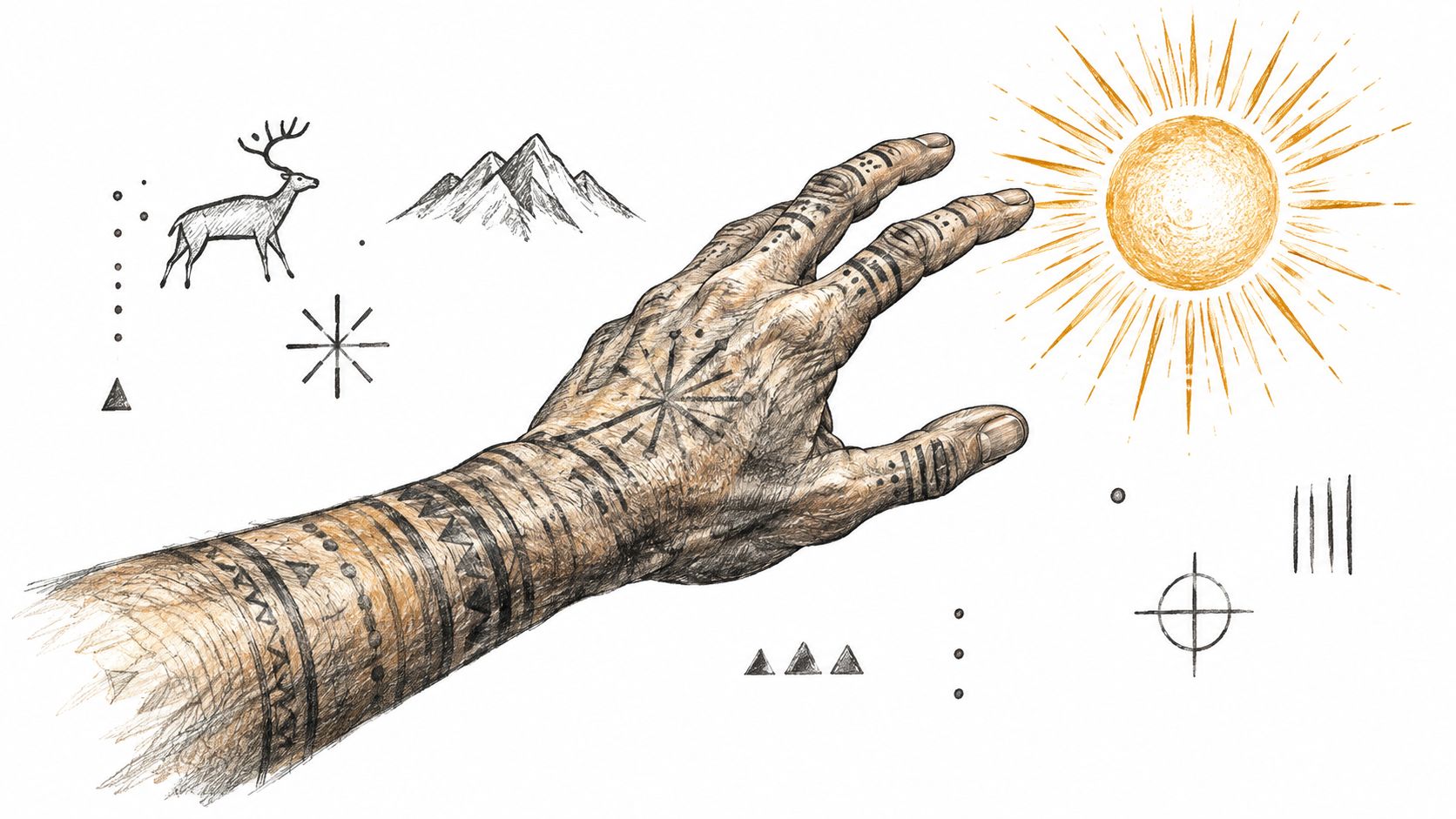 A detailed drawing of an aged arm and hand covered in intricate geometric, tribal-style tattoo patterns.