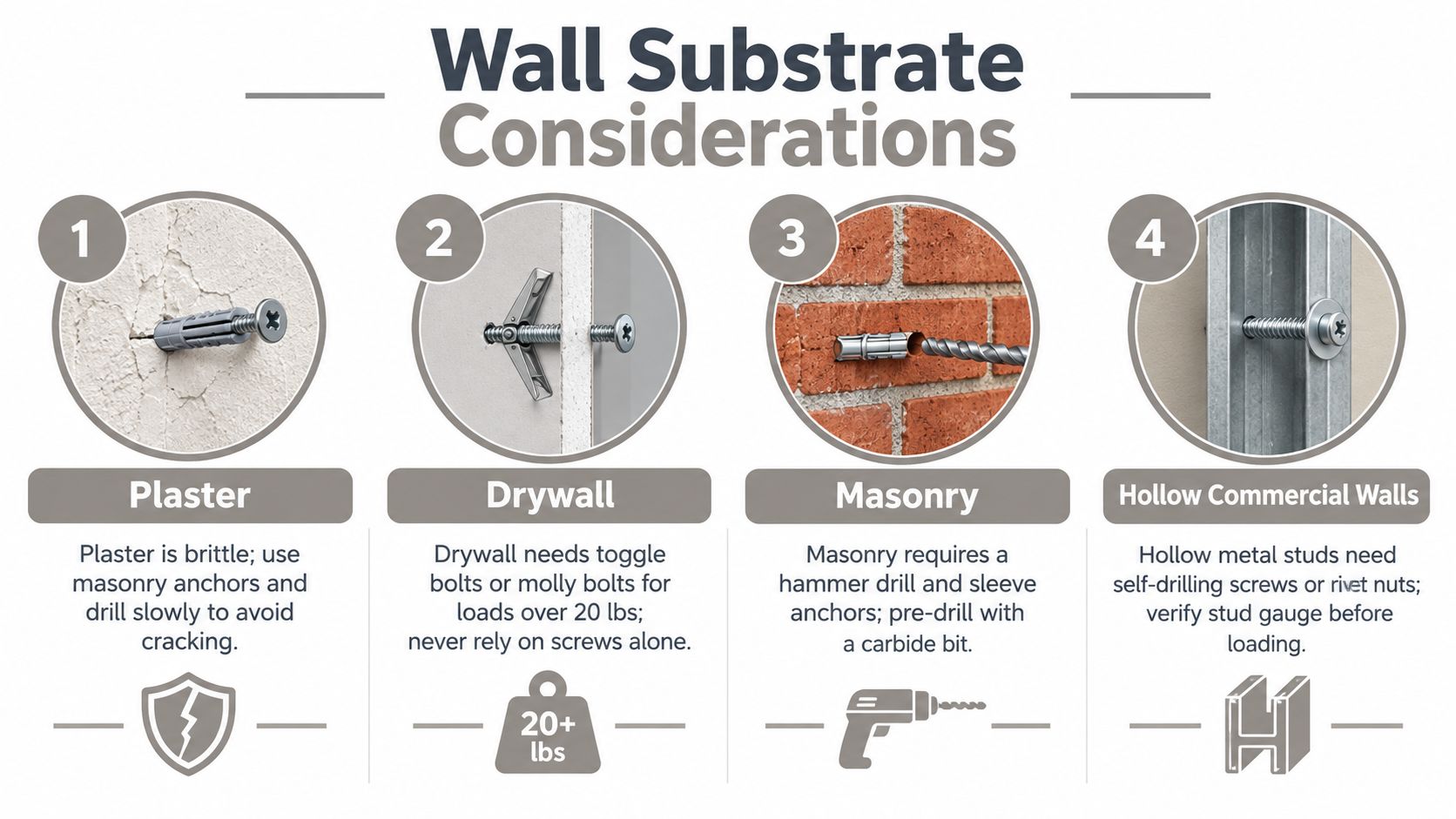 An infographic showing four wall types and the appropriate mounting hardware for each substrate.