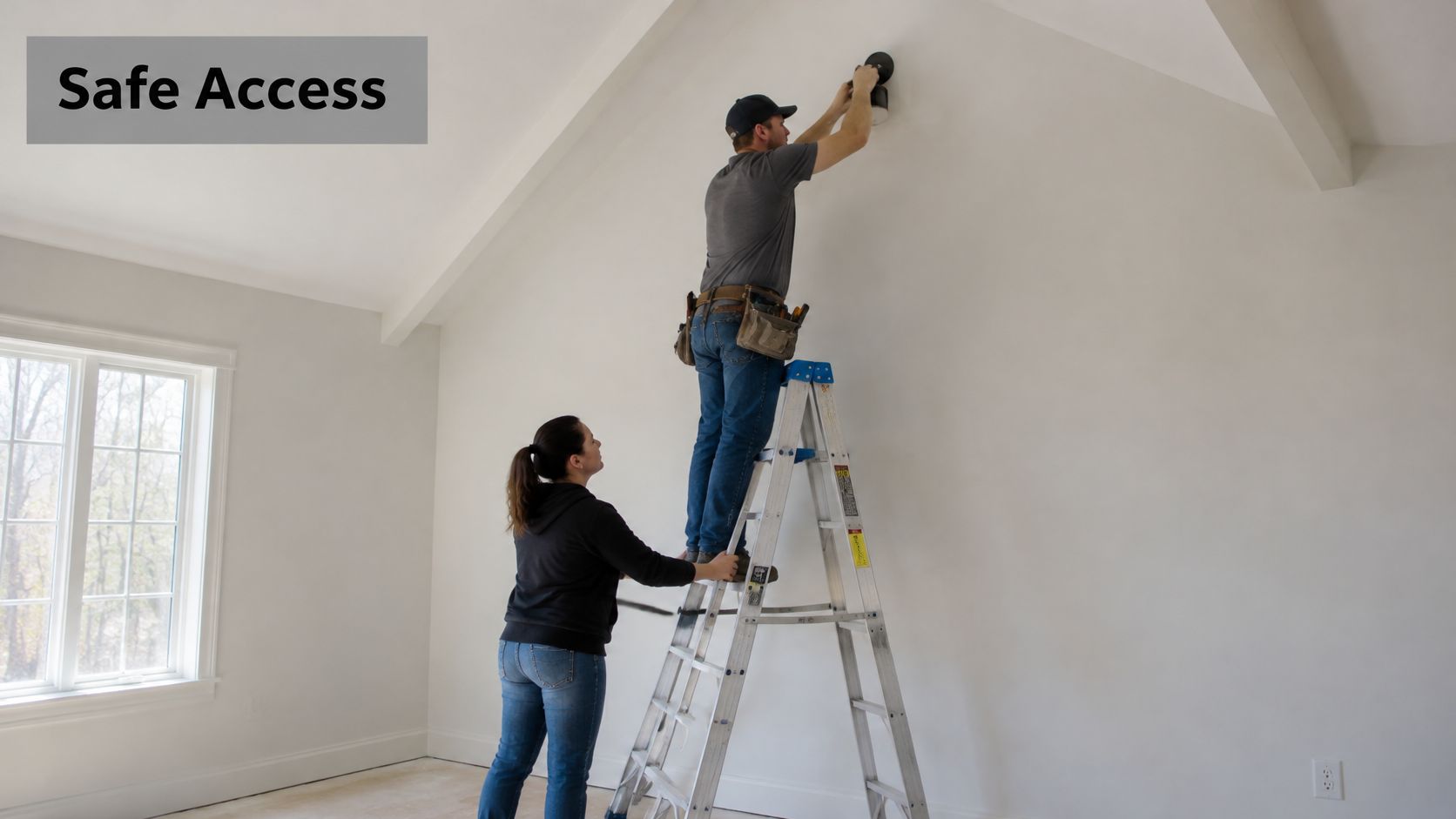 A woman stabilizes a ladder while a man stands on it to install a wall light fixture.