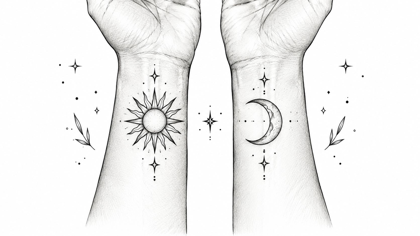 Line art illustration of a sun and moon tattoo design on a person's inner forearms.