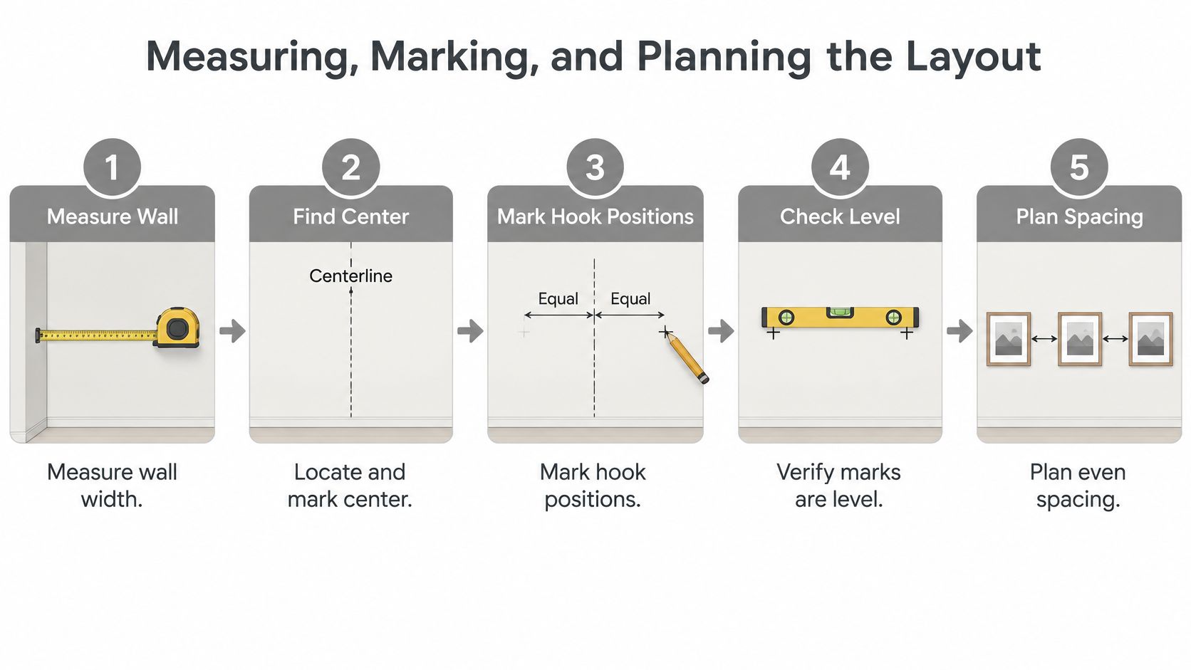 A five-step infographic showing the process of measuring, marking, and planning a wall for hanging pictures.