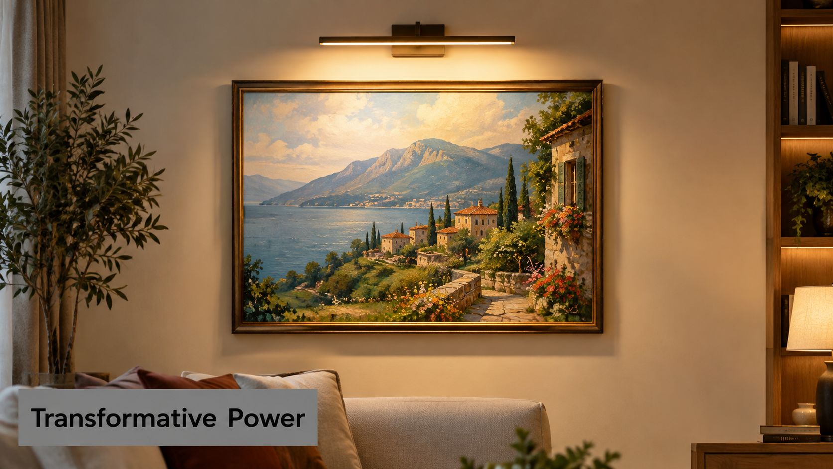 A warm, atmospheric living room featuring a scenic landscape painting illuminated by a sleek picture hanging light.