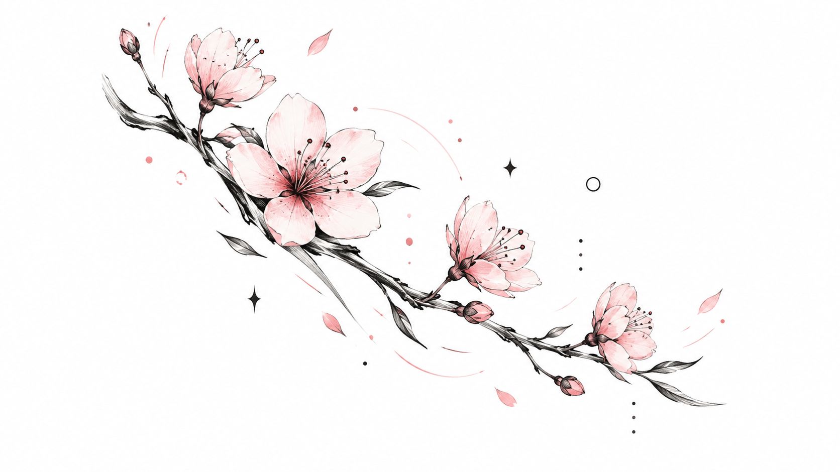 A delicate artistic drawing of a flowering apple blossom branch with pink petals and abstract geometric elements.