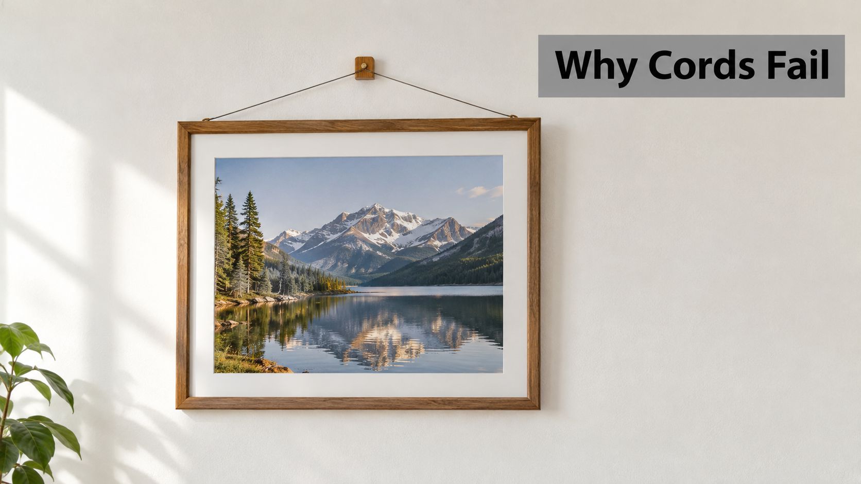 A framed landscape photograph of a snow-capped mountain reflecting in a lake, hung by a wire.