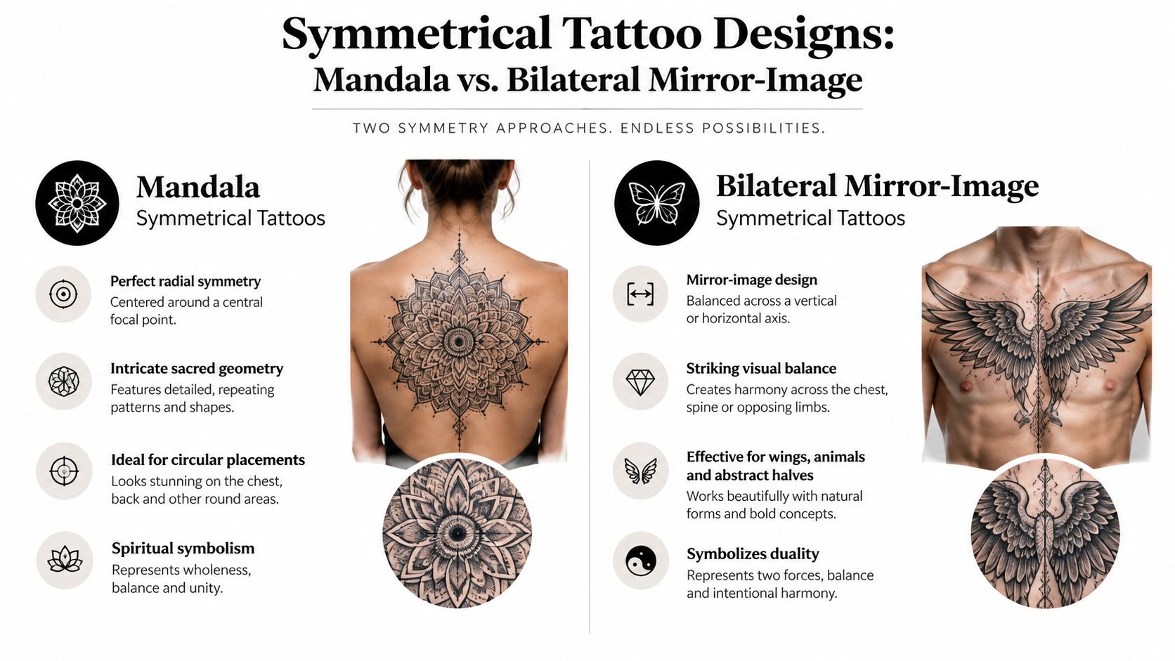 An infographic comparing mandala and bilateral mirror-image tattoo designs with examples on human skin models.