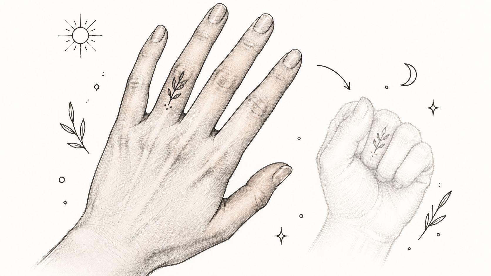 A detailed pencil sketch of a hand showing a delicate botanical tattoo design on the finger.