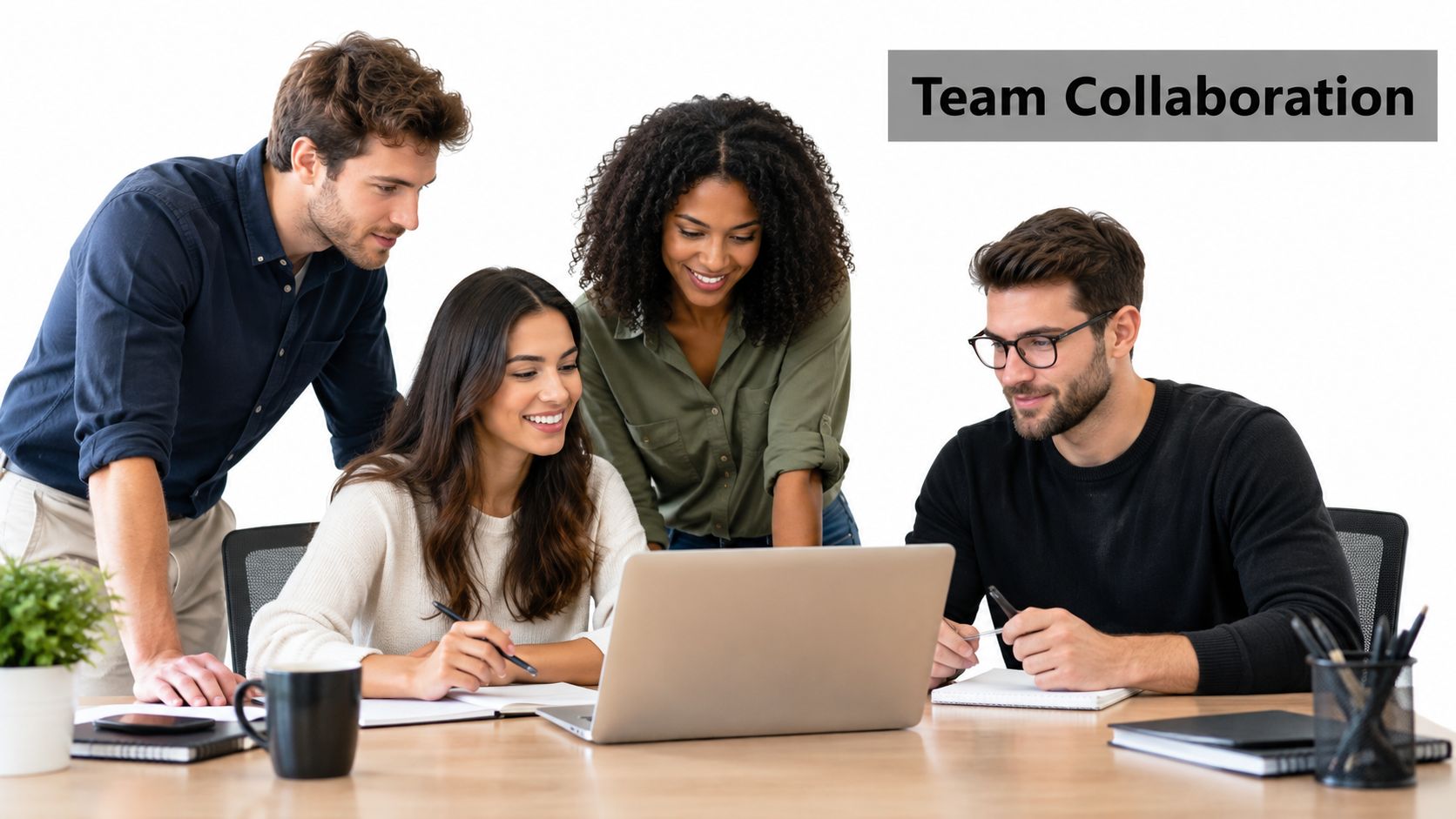 A diverse team of four professionals collaborating and working together on a project around a laptop computer.