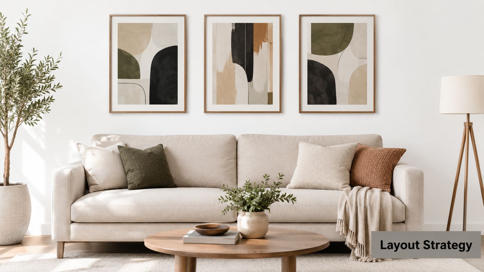 A modern living room with a beige sofa, three framed abstract art pieces, and indoor decor.