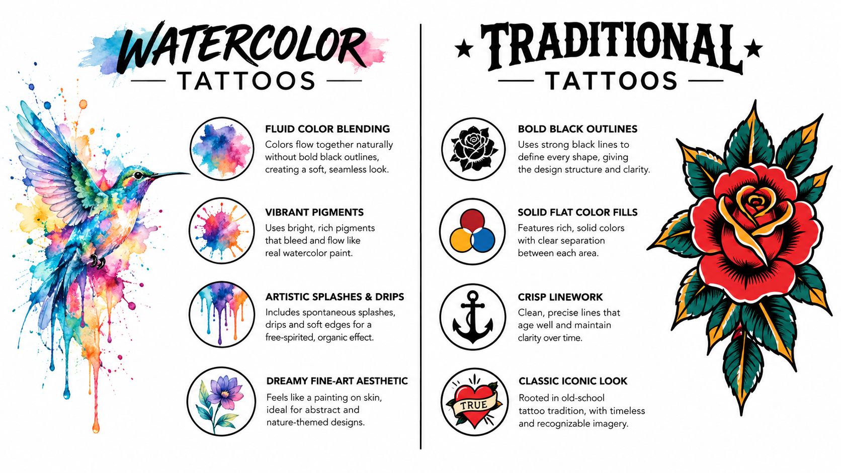 A comparison infographic between vibrant watercolor tattoos featuring fluid splashes and traditional tattoos with bold black outlines.