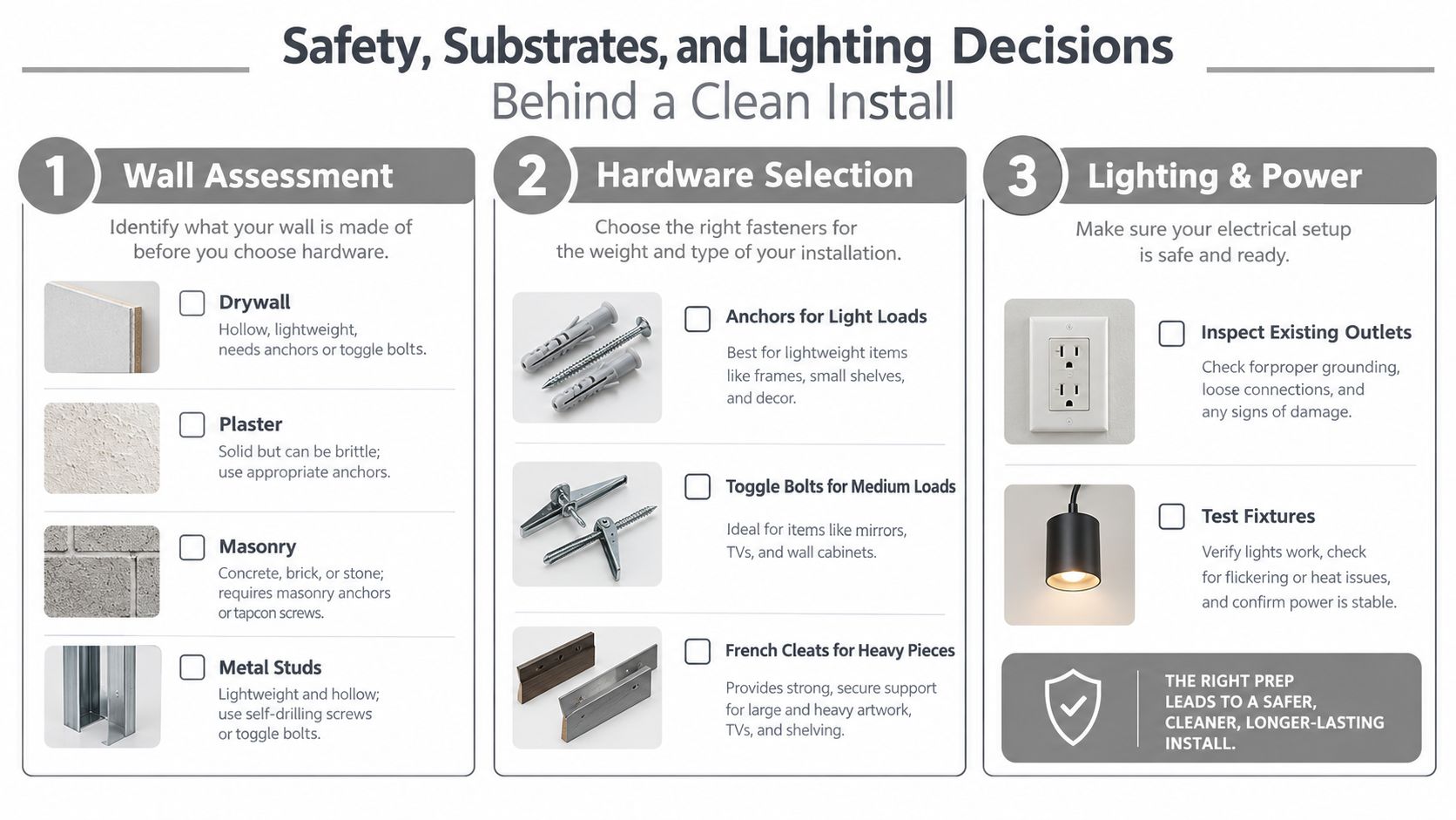 An infographic titled Safety, Substrates, and Lighting Decisions outlining steps for wall assessment, hardware selection, and electrical safety.